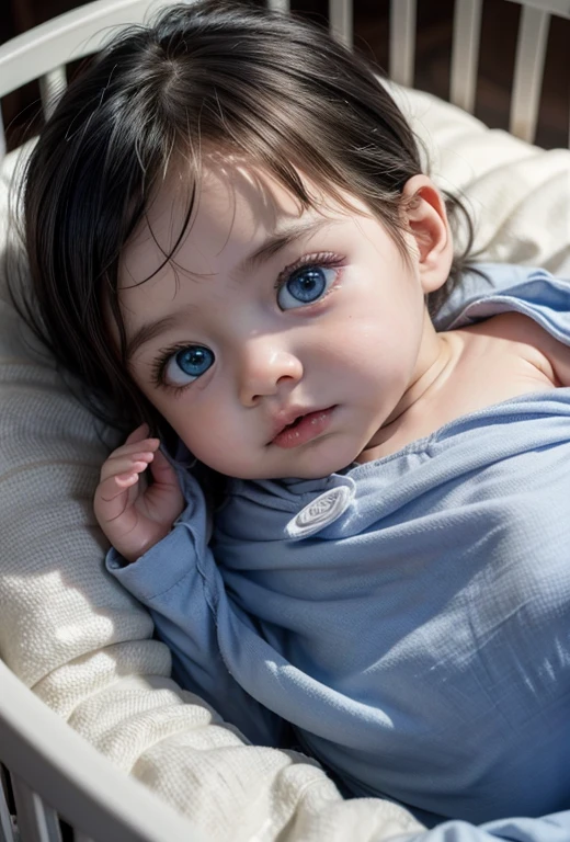 A beautiful newborn female baby , Lying in his crib with blue eyes and black hair 