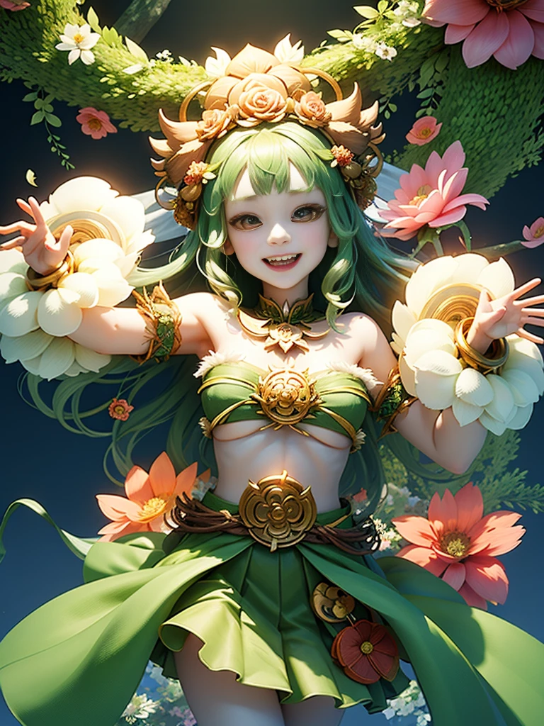 generate a group of mystical forest spirit girls with wreaths of flowers on their heads with pale skin dancing in a circle, adorable smile, cute teeth, masterpiece