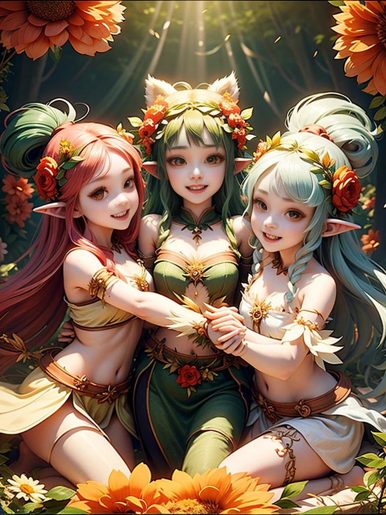 generate a group of mystical forest spirit girls with wreaths of flowers on their heads with pale skin dancing in a circle, adorable smile, cute teeth, masterpiece