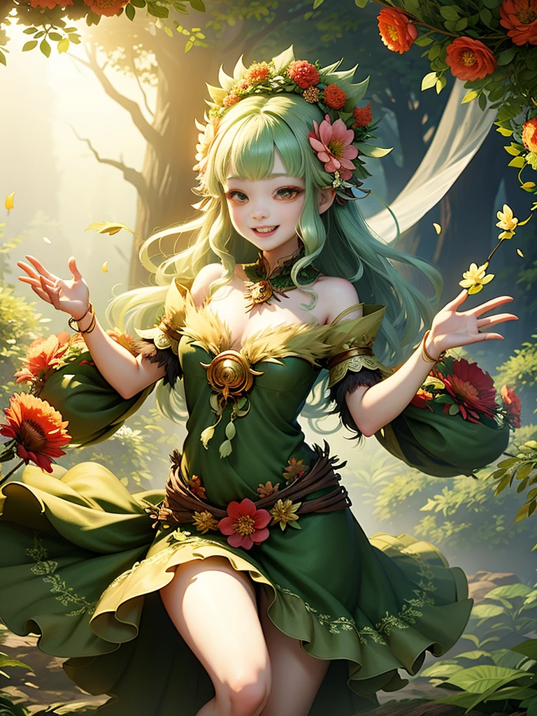 generate a group of mystical forest spirit girls with wreaths of flowers on their heads with pale skin dancing in a circle, adorable smile, cute teeth, masterpiece