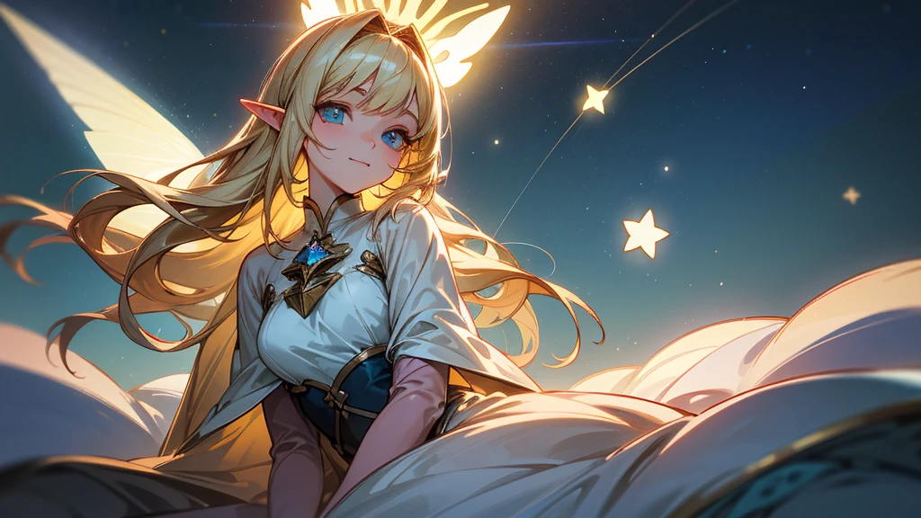 "comdor"(masterpiece), (Better image quality), (Line drawing) , character "adult elf", (beautiful eyes), (detailed eyes), (detailed face),, Healing (beautiful eyes), (detailed eyes), (detailed face),:, mysterious landscape, gentle smile, loose hair, seated, loose hair anime, bright and shiny blonde hair, beautiful light source, beautiful woman, light eyes, whole body, beautiful face, Perfect structure of the human body, beautiful hair, beautiful light source, Pure white fur texture, perfect skin texture, perfect appearance, and star butterflies float across the scene, while a big shooting star lights up the sky. Smooth and ethereal animation style, with a soft and nocturnal color palette: dark blues, luminous greens and stellar pinks. . The atmosphere is magical and dreamlike."