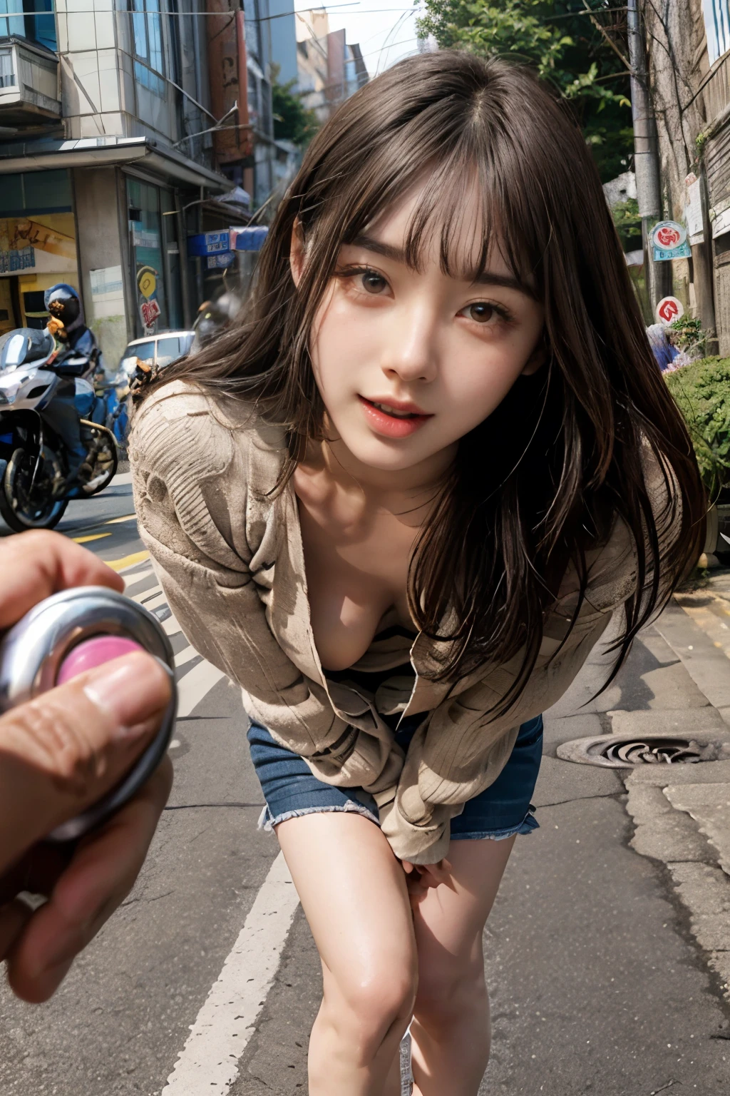 (nsfw:-2), realistic, photo-realistic, masterpiece, best quality, high resolution, extremely detailed, intricate details, realistic and sharp details, cinematic lighting, portrait, lower angle, looking at viewer, solo, 1girl, a Japanese woman, leaning forward, big breasts, wearing a loose t-shirt and miniskirt, down blouse, braless, sandals, dark hair, bowl cut hair, baby face, cute face, detailed face, beautiful detailed eyes, sophisticated nose, beautiful pupils, pale skin, (remote_play, remote_vibrating, half open mouth), photo background, outdoors, the way to home, in the alley, daytime, 