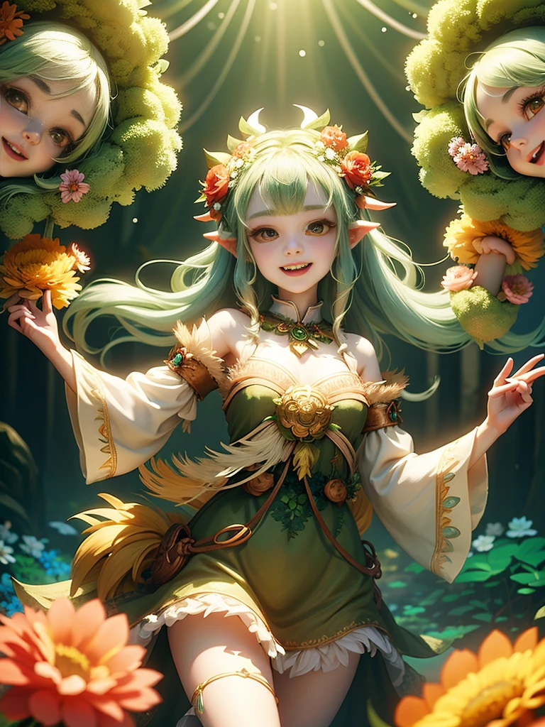 generate a group of mystical forest spirit girls with wreaths of flowers on their heads with pale skin dancing in a circle, adorable smile, cute teeth, masterpiece