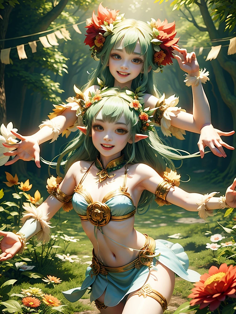 generate a group of mystical forest spirit girls with wreaths of flowers on their heads with pale skin dancing in a circle, adorable smile, cute teeth, masterpiece