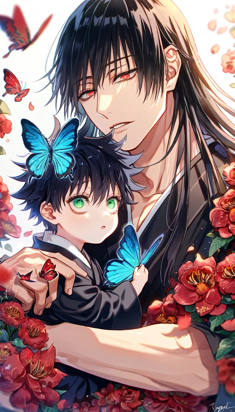 absurdres, highres, ultra detailed, HDR, master piece, Yugen , black hair, long hair, expressive red eyes, Fushiguro Touji, black hair, expressive green eyes, Jujutsu Kaisen, black kimono, black haori with patterns, a handsome man carrying a cute boy, best quality, blue butterflies, red butterflies, red flowers, fantasy, magical, solo, red shining fireflies, red petals,