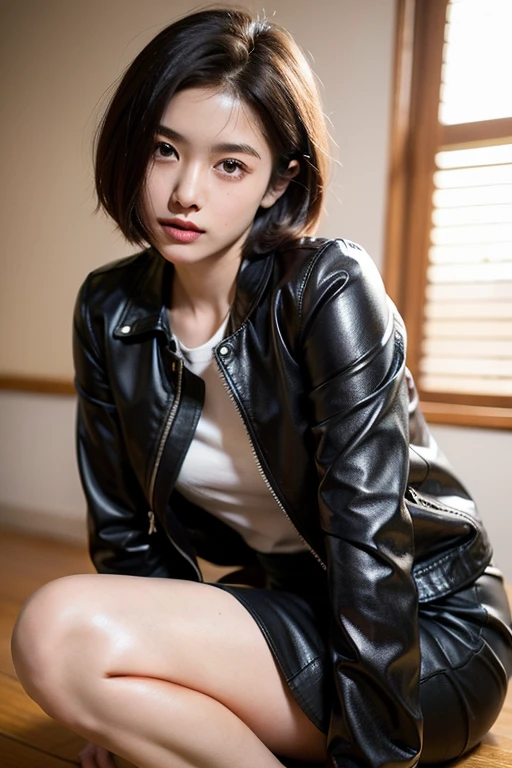 Highest quality, Face Focus, Soft Light, Ultra-high resolution, (Realistic:1.4), RAW Photos, 1 Japanese girl, alone, cute, (A shy smile:0.5), (Brown eyes, Light in your eyes), Beautiful face in every detail, (Small box),(High resolution detail of human skin texture), (Short Bob Hair), leather jacket,Leather skirt,Black Hair,