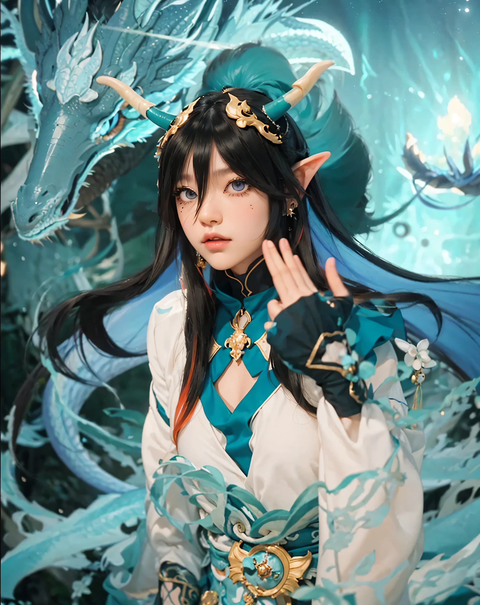 ( IMBIBITOR LUNAE_HONKAI STAR RAIL),((realistic, photorealistic)),(highlight hair)), Light reflection, (( HD )),((upper body)), (((best quality, masterpiece))), (masterpiece) (best quality) (detail) (8k) (HDR) (wallpaper) (cinematic lighting) (sharp focuasterpiece, best quality: 1.1), Real life adaption of this character, realistic outfit, realistic shadow, realistic light, realism, hyper realistic, realistic background,realistic hair,(photorealistic:1.2), (masterpiece: 1.2), (best quality: 1.3), (clear details: 1.3), ((((ultra-detailed)))), ((detailed eyes)), (extremely detailed face:1.4), (highly detailed eyelash:1.6), Japanese moon sky background,icebergrealistic Dragon,1boy, black_hair, chinese_clothes, clothing_cutout, male_focus, pointy_ears, solo, long_hair, blue_eyes, hair_between_eyes, bare_shoulders, jewelry, closed_mouth, upper_body, ahoge, multicolored_hair, horns, dragon_horns, tassel_earrings, dragon_boy
yinyuejun\(character\),dragon1\(features\),blurred background,woods,backlight,river,spray,one hand up,floating on the surface of the water,vast starry sky,Vortex ball, glow effect ,black hair flowing,Elf ears