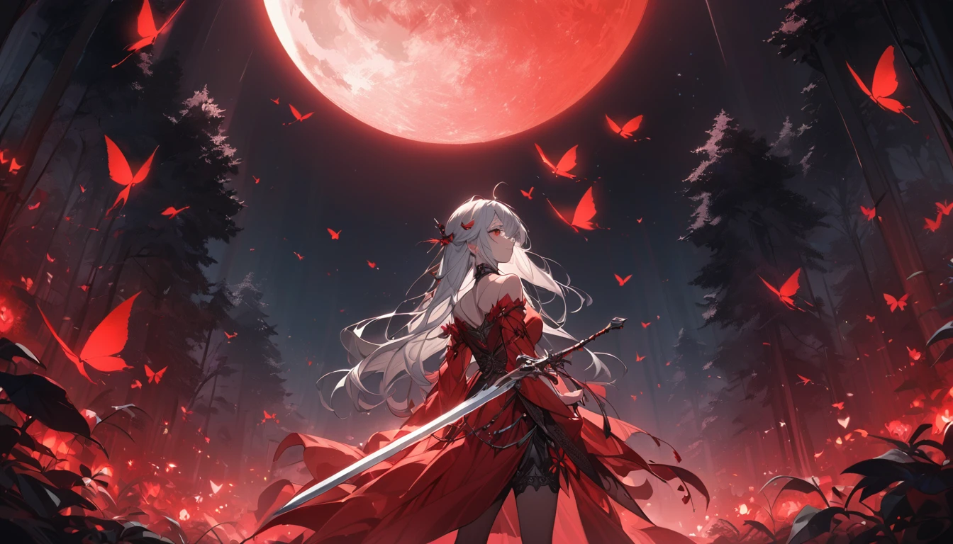 Attention to detail,Super Detail,Ultra-high resolution,Girl holding a sword,A red full moon behind the girl,The moonlight on her back,The background is a red moon with a full moon in the middle,There are forests on both sides,Red butterflies fly,Fine face,Add a fantastical atmosphere
