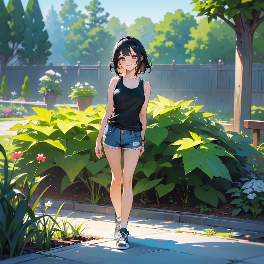 (high quality, High resolution, Very detailed, reality:1.37), Peaceful atmosphere, (Outdoor, garden), age girl standing alone, (my brea big.), Beautiful details, Cute Smile, (Black bob hair), White tank top, Denim shorts, Blue socks, sneakers.