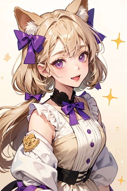 A gradient GIRL dog Num, the top half is pale brown, the bottom half is beige. She wears violet bows, one attached to a pale cream ear, one attached to a straw. She has a basic face and sticks her tongue out. SPARKLE; GLITTER