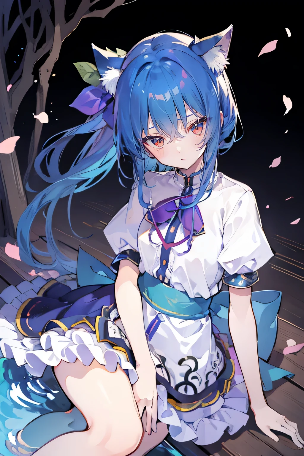 (masterpiece:1.2),ultra-detailed,realistic,expressive eyes,fair-skinned,perfectly shaped face,1girl,
Japanese cartoons,Gorgeous blue hair, flowing blue hair,floating clothes,cat ears,petals falling,beautiful Lola,Hina Angel,
hands on waist,gracefully sitting on the ground,legs crossed,gentle and serene background,cool and comfortable pavilion.
