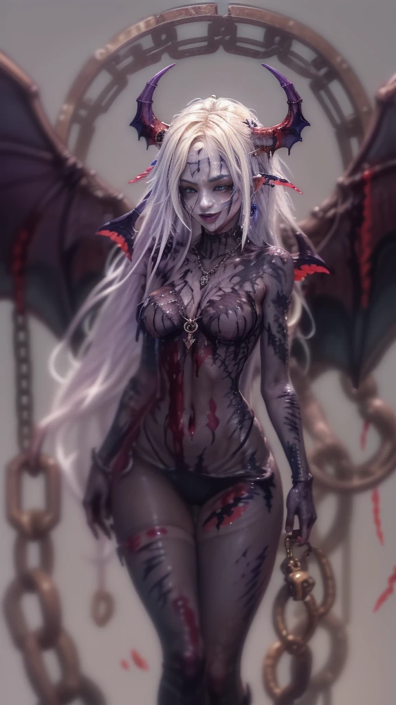 (32K:1.5, Dark fantasy:1.4, Highest quality, masterpiece, Ultra-high resolution), Perfect dynamic composition:1.3, Horror Portrait, chaos, Dark Background:1.3, Prisoner, slave, Dark Demon World, god々Shii, (Detailed tattoos on the whole body:1.4, wearing exquisite jewelry:1.4), Very detailedな肌と顔の質感:1.3, Very accurate, Very detailed, (Cute and sexy succubus demon with big wings:1.3, Incredibly slim body:1.3, Beautiful and aesthetic:1.3), Horn, Fair skin, Sensual posture, ((Properly dressing badly torn clothing:1.3)), Mid-chest, (Big eyes that exude eroticism:0.4, Feel the stimulating caress:1.0, Please open your mouth a little, lipstick, Feel the eroticism:0.9, Too sexy and cute:0.8, charm的な:0.8), ((Bloody:1.5, Covered in scars:1.5, Body necrosis:1.6, Lots of chains:1.6, Countless chains tangled in clothes:1.6, Chain your right arm:1.5, Chain the left arm:1.5, The right leg is bound with a shackle and chain:1.5, The left leg is bound with a shackle and chain:1.5)), Super long blonde curly hair, Earrings, necklace, bracelet, romantic, god秘的, elegant, Object of admiration, original, dramatic, artistic, Innovative, charm, Heartful, Fancy, sense of openness, sense of cleanliness, special, grotesque, exciting, Extreme, Tilt, sense of loss, sorrow, sorrowの表現, ((大人のcharm, 女性的なcharm))