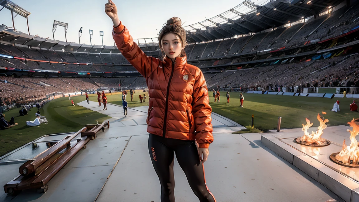 masterpiece, highest quality, Highest image quality, High resolution, photo realistic, Raw photo, wide shot, side view, full body photo, (Olympic Games open ceremony, 10 athletes walking in playground, torch in hands and flag in hand, Olympic flames in the background)