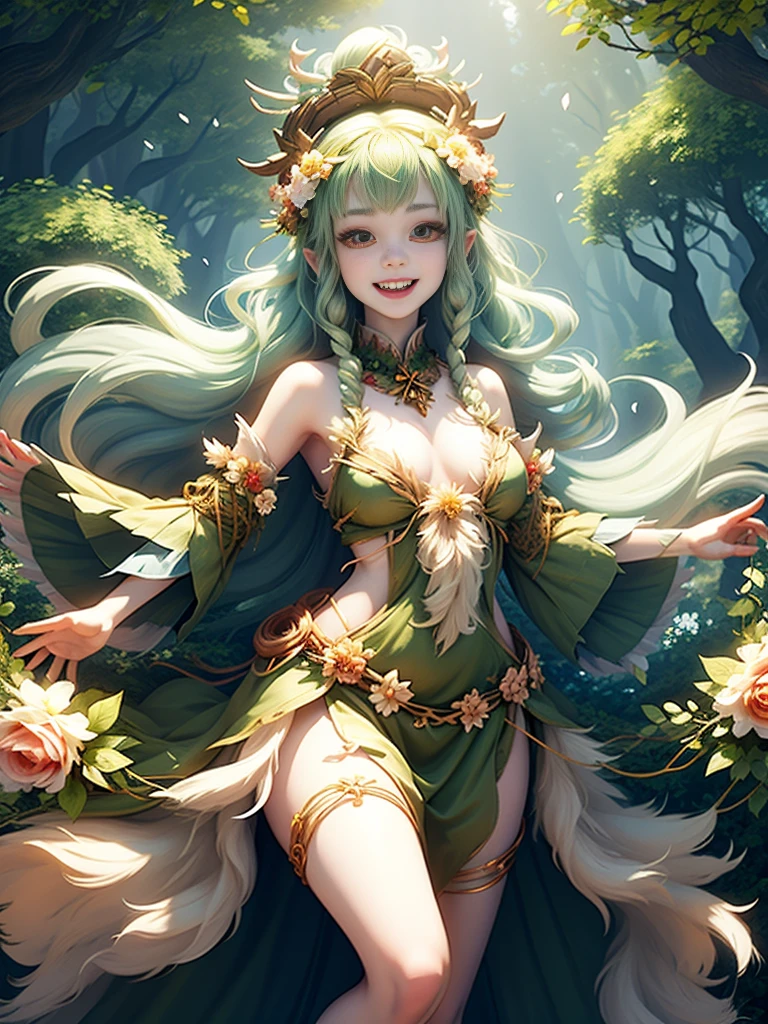 generate a group of mystical forest spirit girls with wreaths of flowers on their heads with pale skin dancing in a circle, adorable smile, cute teeth, masterpiece