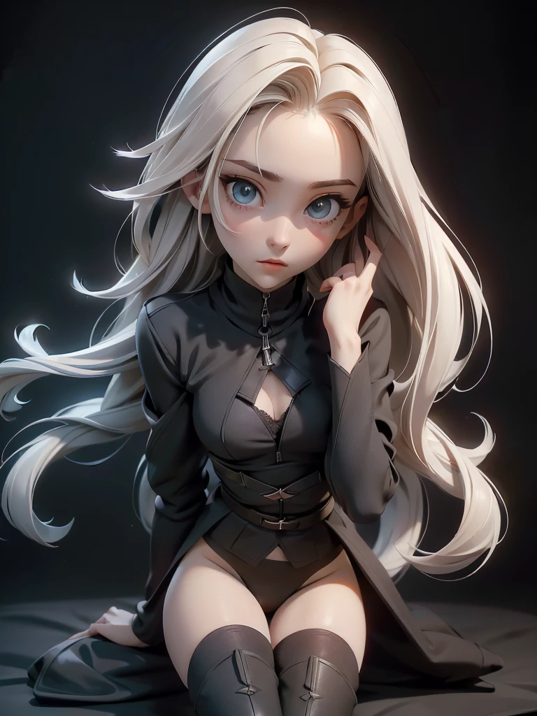 (((Best Quality))), (((Masterpiece))), (((Realistic))) slender, cute girl with long black hair with one  white strand and vibrant hazel eyes. (((She wears only))) a tight black panties and sport bra with high-tech boots