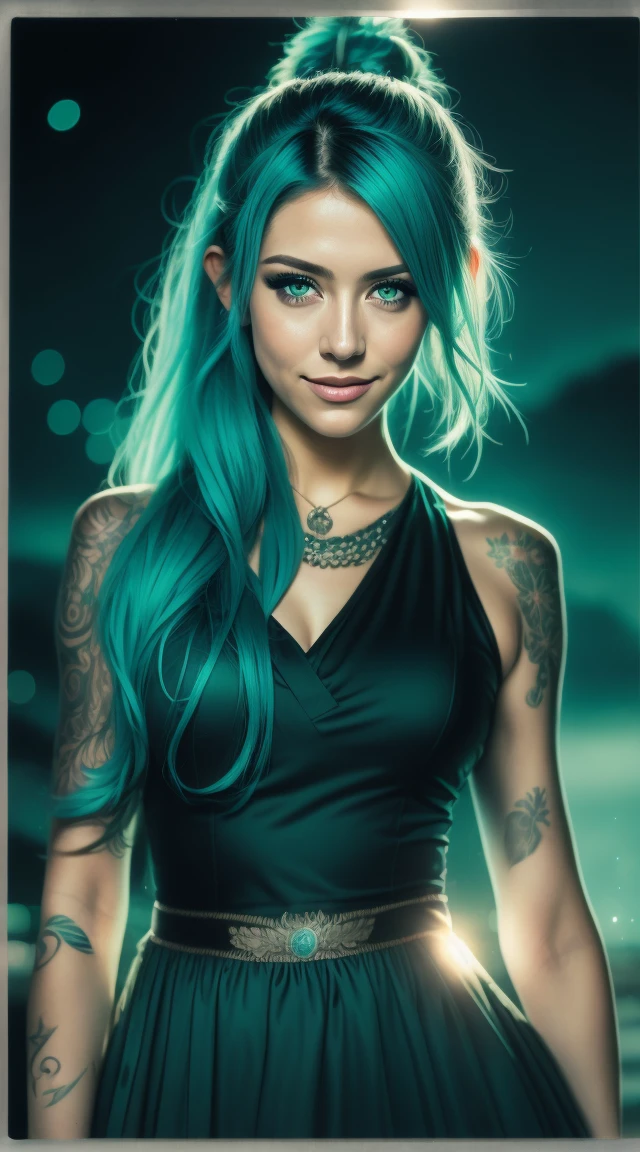Woman with blue hair and a tattoo, ,wearing black blaser, skirt, photorealistic costume style, dark turquoise and light emerald, realistic marine paintings, uhd image, spirals, aurorapunk (masterpiece, side lighting, beautiful finely detailed eyes: 1.2 ), hdr,night scene, up close photo of a sexy naked girl, posing, looking at a camera and smiling, pink ponytail hair, (green eyes: 0.8), beautiful young face, 18 yo, soft volumetric lights, (backlit: 1.3), (cinematic: 1.3), intricate details, (ArtStation: 1.2)