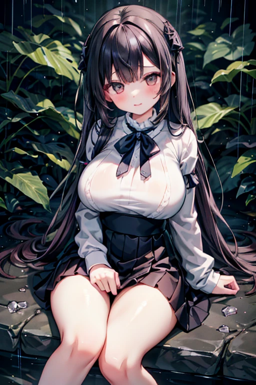 Maximum quality, masterpiece, high qualiy (Uma garota very beautiful, very beautiful) with short, tied and full dark hair, big boobies, looking at me with a silly and innocent face vulnerable but delicate and kind and cute, wearing a very cute long full voluminous sweater with big sleeves along with a fluffy skirt, wearing big socks, outdoors and amidst dense forest and calm rain.