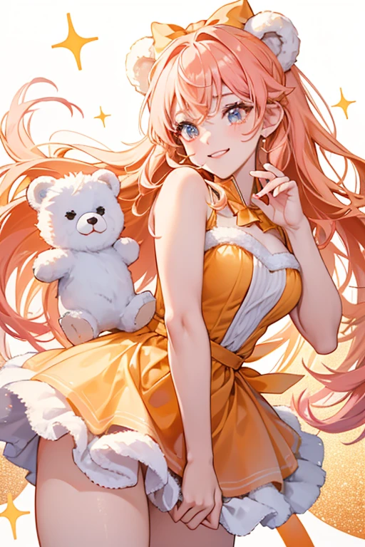 A gradient glittering ice GIRL bear coming in pale pink, pale orange, and light red. She has one red ear, one orange, each held with a pale yellow bow. Her face is the basic winking expression. SPARKLE; GLITTER