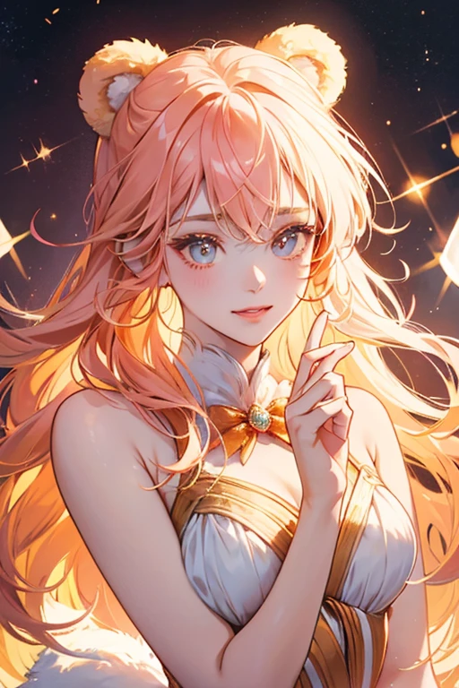A gradient glittering ice GIRL bear coming in pale pink, pale orange, and light red. She has one red ear, one orange, each held with a pale yellow bow. Her face is the basic winking expression. SPARKLE; GLITTER
