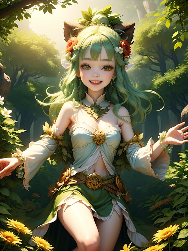 generate a group of mystical forest spirit girls with wreaths of flowers on their heads with pale skin dancing in a circle, adorable smile, cute teeth, masterpiece