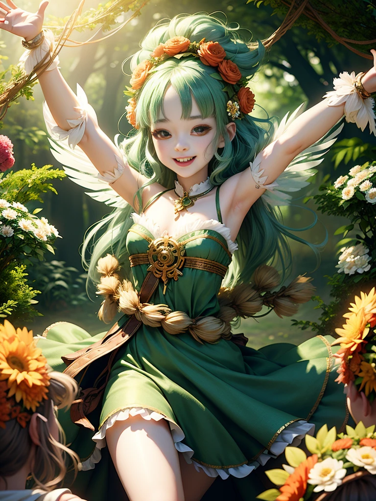 generate a group of mystical forest spirit girls with wreaths of flowers on their heads with pale skin dancing in a circle, adorable smile, cute teeth, masterpiece