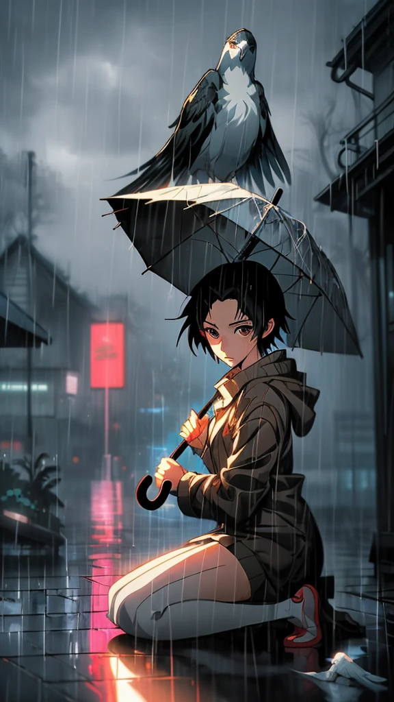 anime girl kneeling in the rain with umbrella and bird, artwork in the style of Gwaiz, makoto shinkai cyril rolando, Gwaiz, it&#39;s raining, Fan art, Ilya Kuvshinov style, ( Ilya Kuvshinov ), in the rain, digital art Ilya Kuvshinov, Stormy weather. Makoto Shinkai
