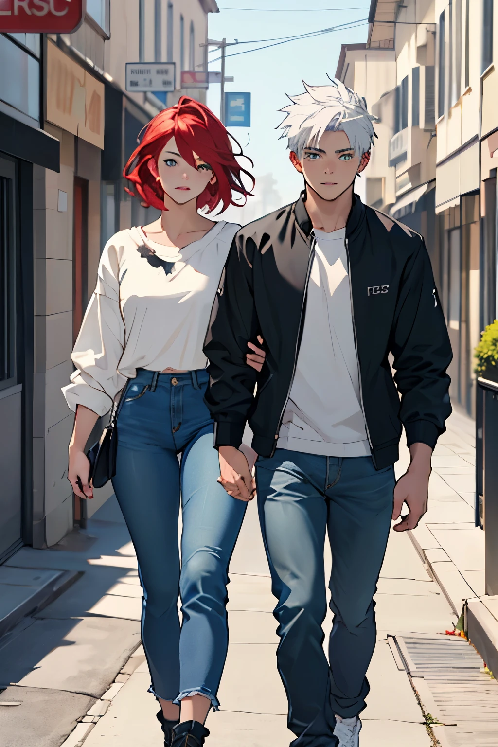 ((best qualityer)), ((work of art)), (detailded), 1 teenage man, white  hair, stark, blue colored eyes, walking in street, accompanied by a teenage woman, Red hair, greeneyes, luxury casual clothes