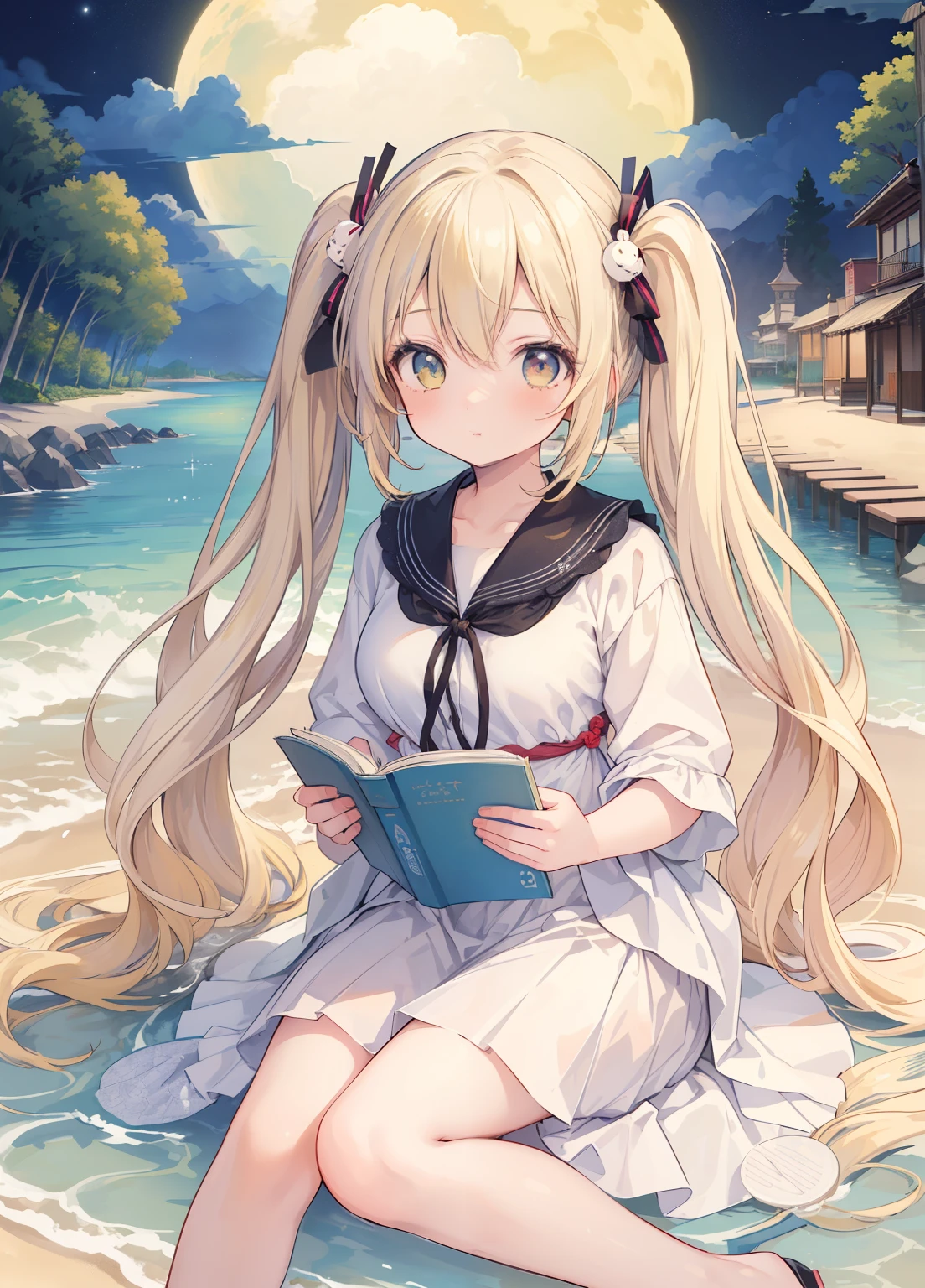 (masterpiece、Highest quality、Highest quality、Official Art、Beautiful and beautiful:1.2)、(One girl:1.3)Hatsune Miku、Twin tails,Beautiful breasts, Katsushika Hokusai, masterpiece, Highest quality, One Girl, Long white hair,Yellow Hair,White Dress,Cute rabbit couple,Sandy Beach,Sit down to read,night,There's one super-sized full moon in the sky,Coco,Pixar Style,Disney Style,