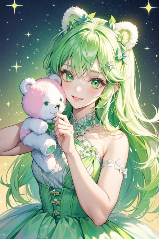 A glittering ice GIRL bear with a color gradient of pale green to yellow. She has lime green bear ears and basic winking face. She wears two pale pink bows. SPARKLE; GLITTER