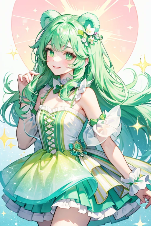 A glittering ice GIRL bear with a color gradient of pale green to yellow. She has lime green bear ears and basic winking face. She wears two pale pink bows. SPARKLE; GLITTER