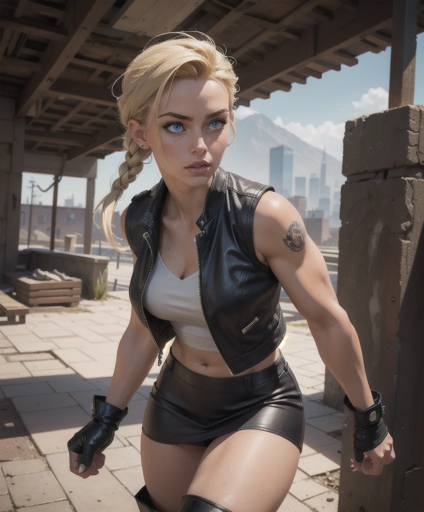 (((Full-length shot))), very muscular build and medium breasts .., wears an open black leather vest.., black leather gloves, a short skirt and heavy boots. She has a punk rock look and blonde hair...Hyper-realistic close-up photo of Cammy, blue eyes, masterpiece, Best quality, (Photorealism: 1.4), Create dystopian masterpieces. Post-apocalyptic world. Pay attention to small details, sharp focus. The palms of the hands are clenched into fists.