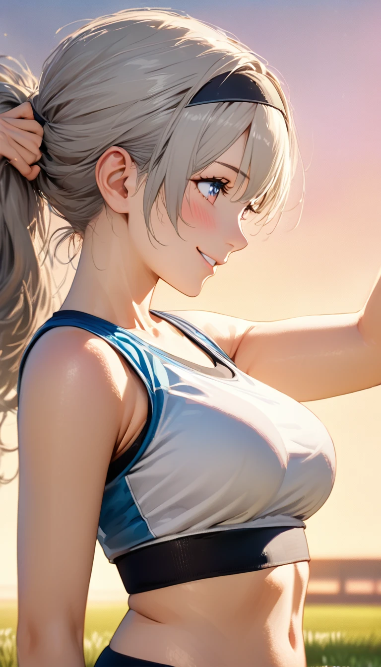 beautiful girl, long grey hair, tying her hair into ponytail, beautiful face,smiling,close up to hips, beautiful breast, warming up for jogging on field, illustration,detailed textures(realists),ultra-detailed,portrait style,vivid colors,soft lighting, blushing, mature, hair fluttering, evening light , head band, ((half body)), wearing simple workout shirts with sport bra, perky. ((side profile until hips)), very shy