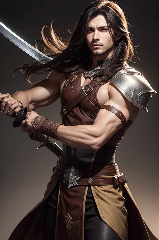Male RPG character with shoulder-length hair wearing an outfit carries a sword in its sheath