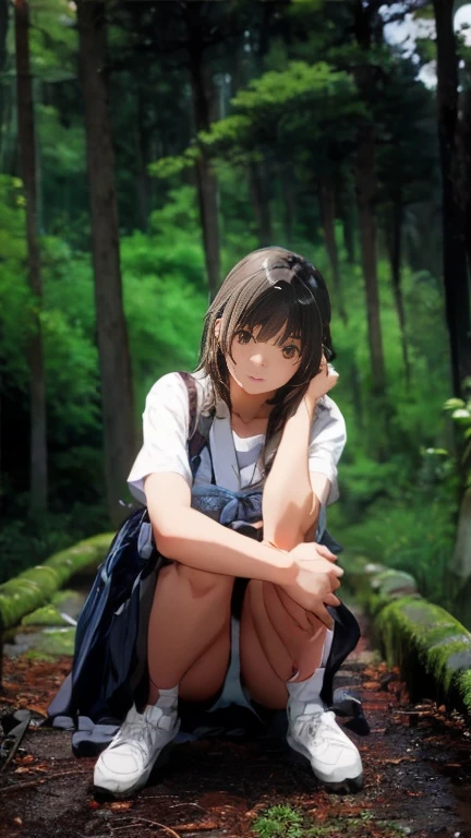 There is a woman kneeling on the forest path, portrait of a Japanese teen, of a youthful Japanese girl, young asian girl, wearing Japanese , Japanese girl , beautiful girl, Sit on the ground, portrait of a Japanese girl, Sitting in the forest, Japanese , Strike a Pose, Young Asian Woman