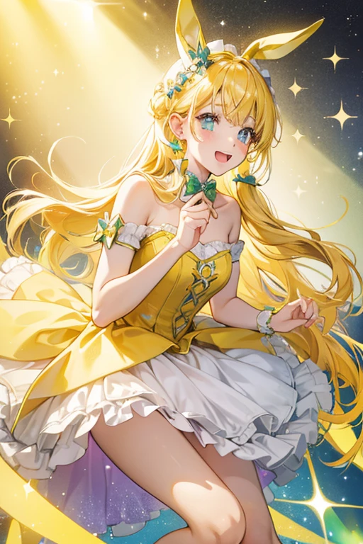 A glittering yellow GIRL bunny. She has shut happy eyes and an opened mouth. A light green bow rests beneath her ears. SPARKLE; GLITTER