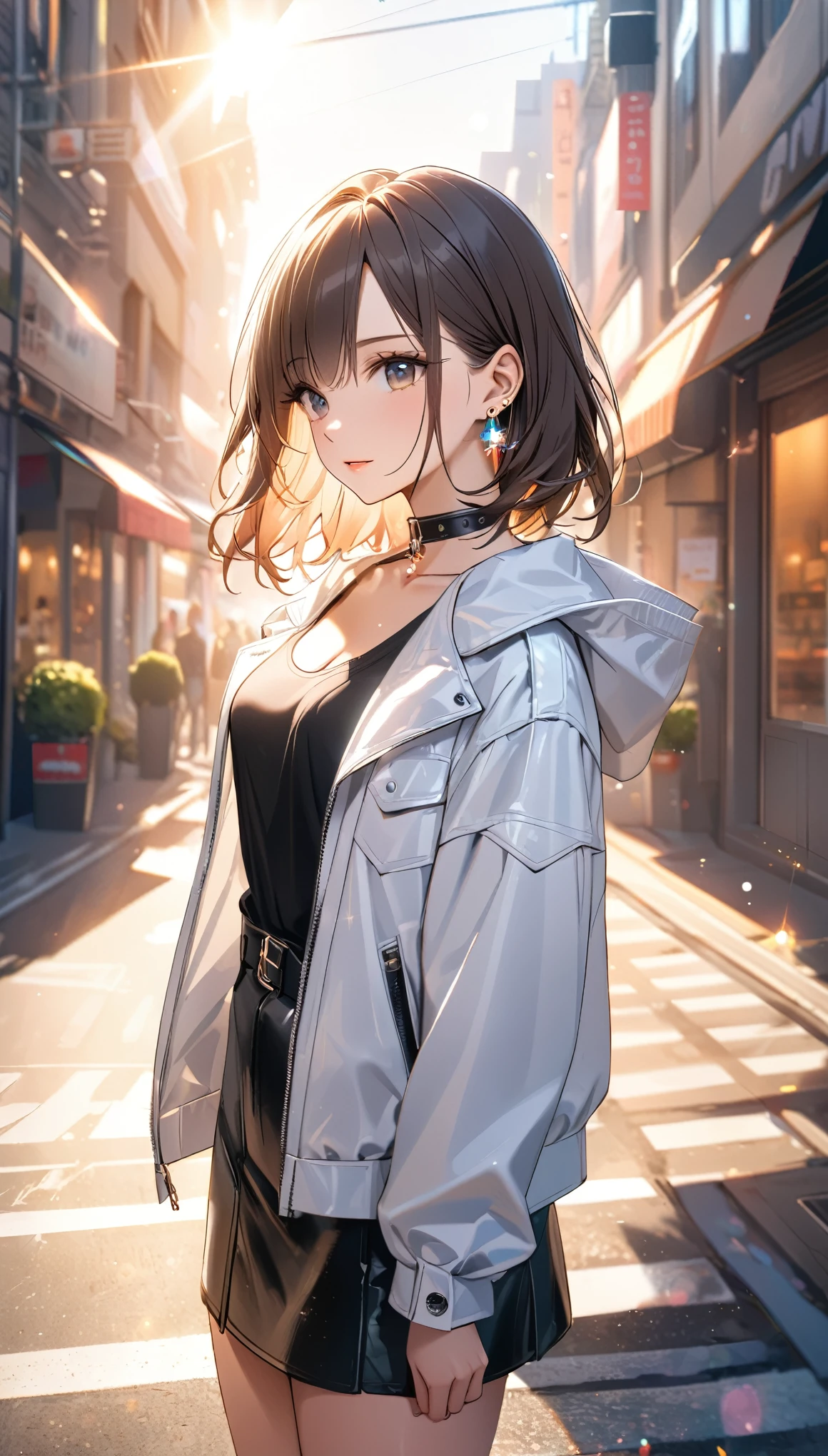 best quality, super_delicate, beautiful, 8k, jacket, earrings, leather choker, lens_flare, bright, urban
