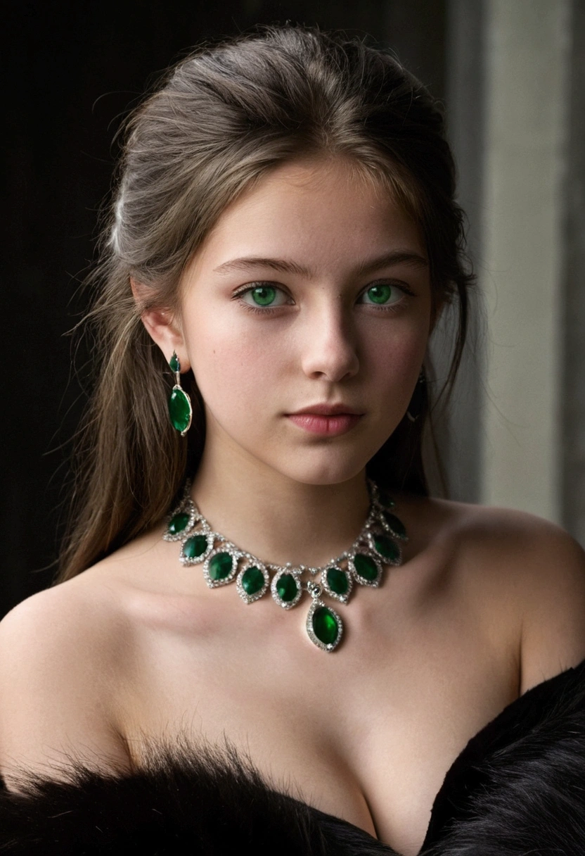 1Girl 18 years old, Alone, wide, average size , looking at the viewer, dark fur, bare shoulders, green eyes, jewelry, whole body, collar, off the shoulder, Pull-over, lips, realist, nose, flirting with the camera