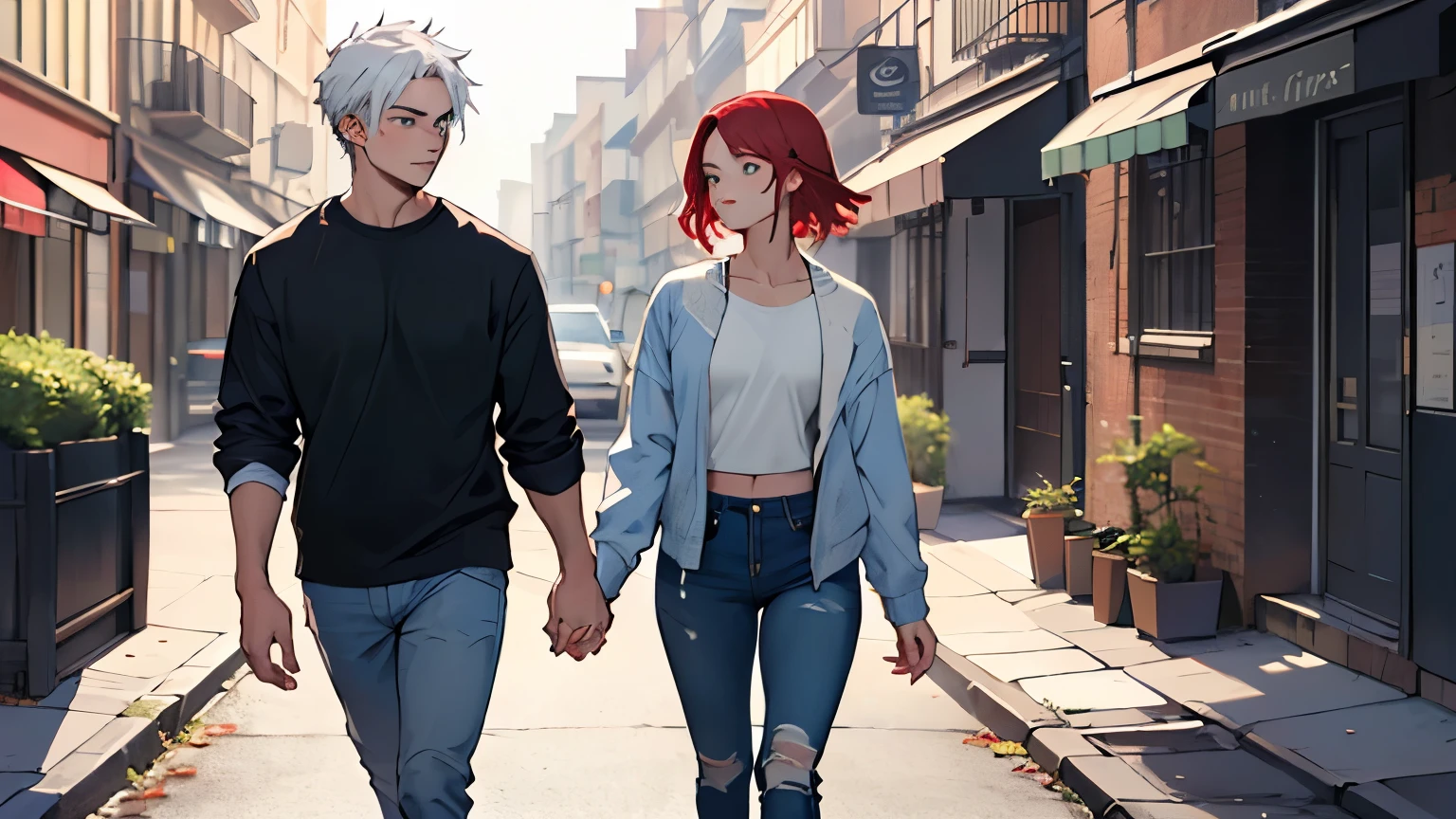 ((best qualityer)), ((work of art)), (detailded), 1 teenage man, white hair, stark, blue colored eyes, walking in street, accompanied by a teenage woman, Red hair, greeneyes, luxury casual clothes