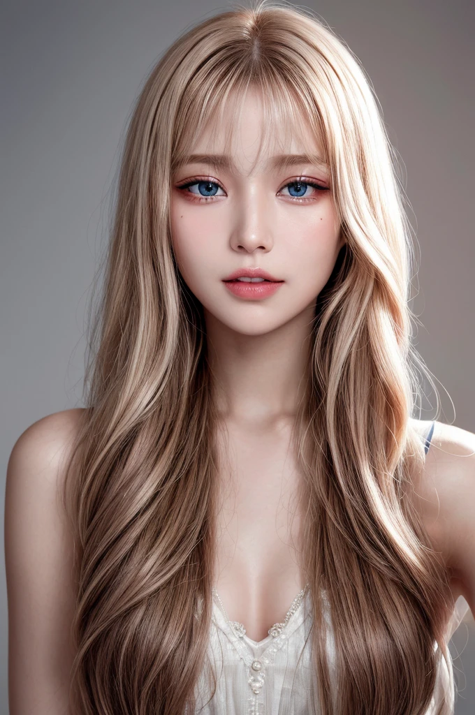 Beautiful blonde in pink Sleeveless,  Very detailed, 21 years old, Innocent face, Naturally Wavy Hair, blue eyes, High resolution, masterpiece, 最high quality, Intricate details, Very detailed, Clear focus, Delicate skin, practical skin texture, texture, Delicate eyes, Professional, 4K, Cute Smile, Shot with Canon, 85mm, Shallow and deep, Kodak Vision Color, Exactly, Very detailedな, photograph_\(Extremist\), photographpractical, practical, Post-processing, Maximum details, Roughness, Real Life, Extremist practical, Photorealism, photographgraphy, 8kウルトラHD, photographgraphy, (最high quality、Tabletop、8k、Best image quality、Award-winning works)、Sleeveless, (Red eyeshadow:1.2)、Perfect Makeup、Long eyelashes、Ultra-high definition sparkling eyes、Ultra HD Hair、ultra High resolution glossy lips、Super High resolution perfect teeth、Super High resolution cute face、Brown Hair、(Very short straight hair:1.1)、Look at me and smile、[clavicle]、Accurate anatomy、With bangs、超High resolutionのShine肌、The most detailed face、Ultra High resolution detailed faces、ultra High resolution hair、Fashion model, 25 years old, [[[[chest]]]], [[[[head]]], [shoulder]]]]], Perfect Eyes, Perfect Iris, Perfect Lips, Perfect Teeth, Perfect Skin, Soft Front Light, Shine, High resolution, (Soft colors: 1.2), Best Quality, a photographrealistic portrait of a stunningly beautiful woman without make-up, Very detailedな light hazel eyes, Symmetrical, realistic face with great detail, Very detailedな natural texture, Peach fuzz, Messy Hair, masterpiece, Absurd, award winning photograph by lee jeffries, nikon d850 film stock photographgraph, Kodak Portra 400 Camera F1.6 Lenses, Very detailedな, wonderful, The finer details, Rich colors, hyper realistic lifelike texture, Dramatic lighting, Unreal Engine, Trending on Art Station, Cinestill 800 Tungsten, Looking at the audience, photograph realistic, RAW photograph, Tanvir Tamim, high quality, High resolution, Sharp focus, Very detailedな, Cinema Lighting, 8k uhd, Kneel, Black tank top