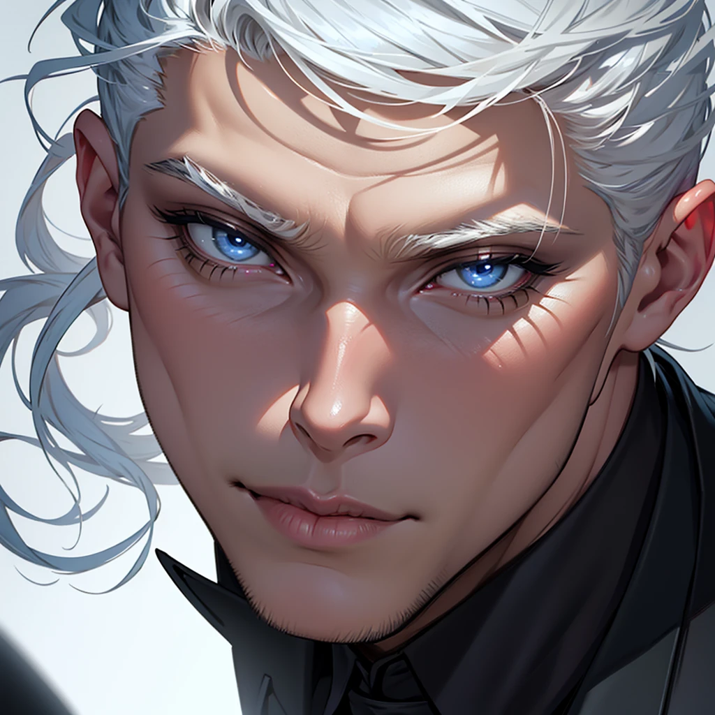elegant man with white hair, blue eyes, intricate facial features, beautiful detailed eyes, beautiful detailed lips, extremely detailed face, long eyelashes, mysterious expression, tailored suit, formal attire, cinematic lighting, dramatic shadows, photorealistic, 8k, high quality, concept art, digital painting, hyper detailed