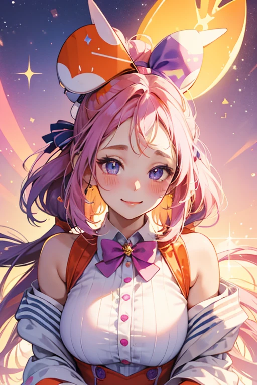 A snow cone GIRL bunny Num with a happy expression and blushed cheeks. She is split into 3 colours: One Purple, one Pink, and one Orange. A large orange bow adorns her forehead. Her ears are made out of purple popsicle sticks plugged onto the top of her head. SPARKLE; GLITTER