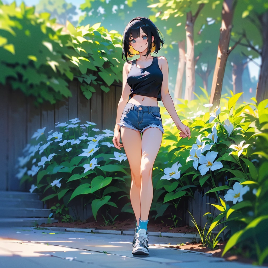 (high quality, High resolution, Very detailed, reality:1.37), Peaceful atmosphere, (Outdoor, garden), age girl standing alone, (my breasts are big.), Beautiful details, Cute Smile, (Black bob hair), White tank top, Denim shorts, Blue socks, sneakers.