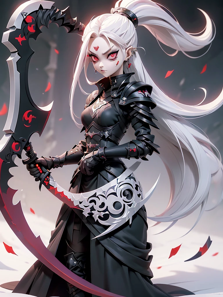 (((Masterpiece, best quality, 16k)))(Realistic)((Full body shot)) Slender female character with short stylish dark purple hair and piercing red eyes. She wears a demonic armor in purple, black, and white. wields a large, stylized scythe. The character has a menacing expression, with a chaotic environment as the background. ((full body front view)). ((slender)), (extremely detailed:1.5), (long white hair:1.2), (piercing red eyes:1.2), (chaotic environment:1.1), (demonic armor:1.3), (stylized scythe:1.3).