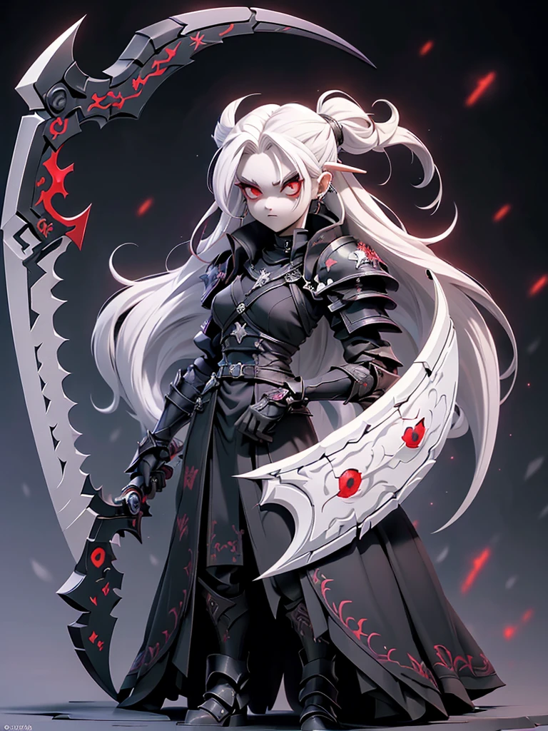 (((Masterpiece, best quality, 16k)))(Realistic)((Full body shot)) Slender female character with short stylish dark purple hair and piercing red eyes. She wears a demonic armor in purple, black, and white. wields a large, stylized scythe. The character has a menacing expression, with a chaotic environment as the background. ((full body front view)). ((slender)), (extremely detailed:1.5), (long white hair:1.2), (piercing red eyes:1.2), (chaotic environment:1.1), (demonic armor:1.3), (stylized scythe:1.3).