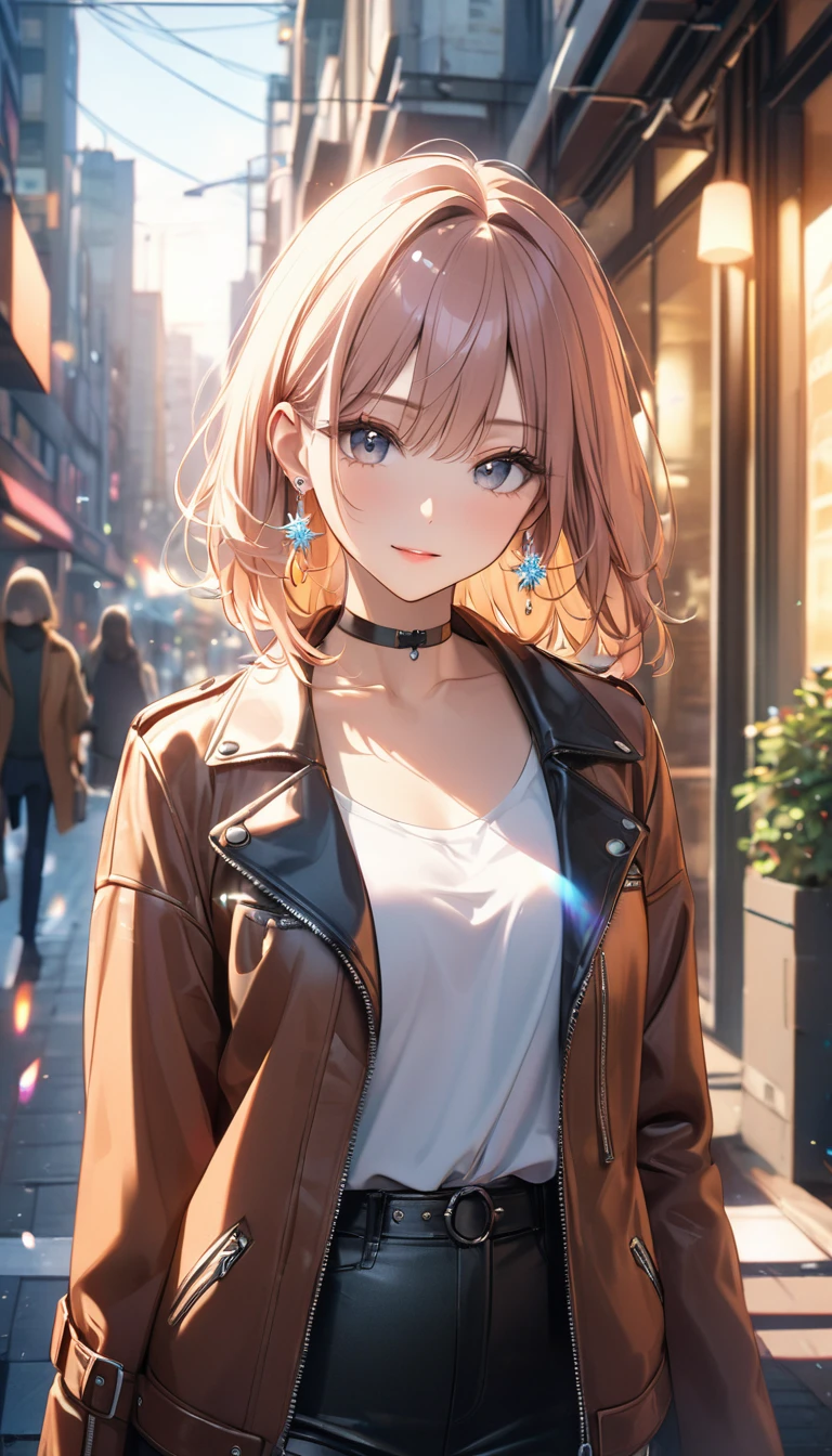 best quality, super_delicate, beautiful, 8k, jacket, earrings, leather choker, lens_flare, bright, urban