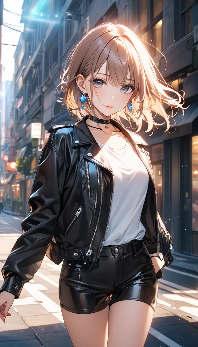 best quality, super_delicate, beautiful, 8k, jacket, earrings, leather choker, lens_flare, bright, urban