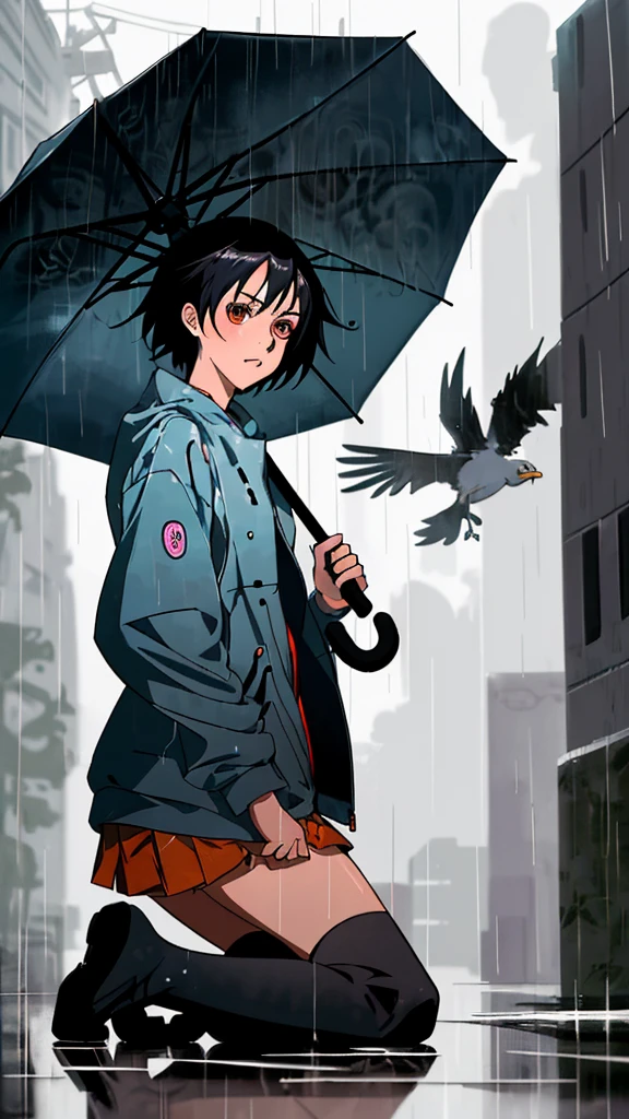 anime girl kneeling in the rain with umbrella and bird, artwork in the style of Gwaiz, makoto shinkai cyril rolando, Gwaiz, it's raining, Fan art, Ilya Kuvshinov style, ( Ilya Kuvshinov ), in the rain, digital art Ilya Kuvshinov, Stormy weather. Makoto Shinkai