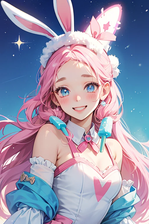 A snow cone GIRL bunny Num with a happy expression and blushed cheeks. Her body is split into 2 colors: One half is sky blue, and the other half is pink. A large pink bow adorns her forehead. Her ears are made out from pink popsicle sticks plugged onto the top of her head. SPARKLE; GLITTER