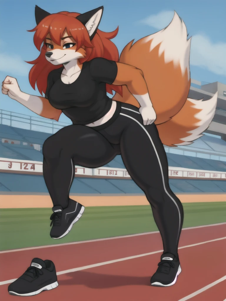 Furry, fox, female, black shirt, black leggings, shoes, running track, solo, full body