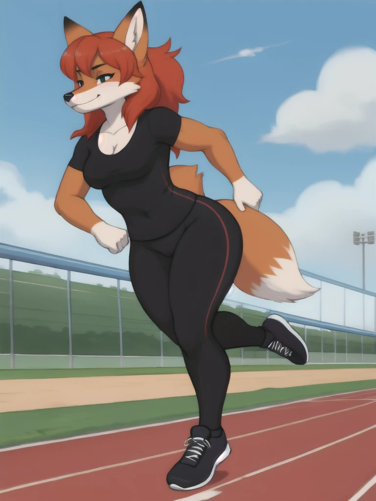 Furry, fox, female, black shirt, black leggings, shoes, running track, solo, full body